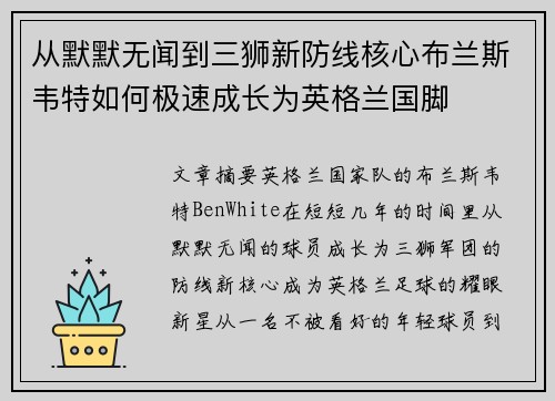 从默默无闻到三狮新防线核心布兰斯韦特如何极速成长为英格兰国脚